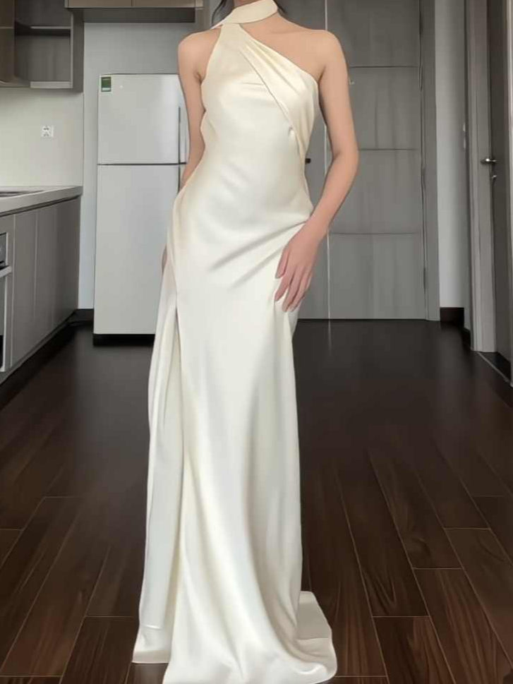 Satin Oblique Shoulder Backless Dress