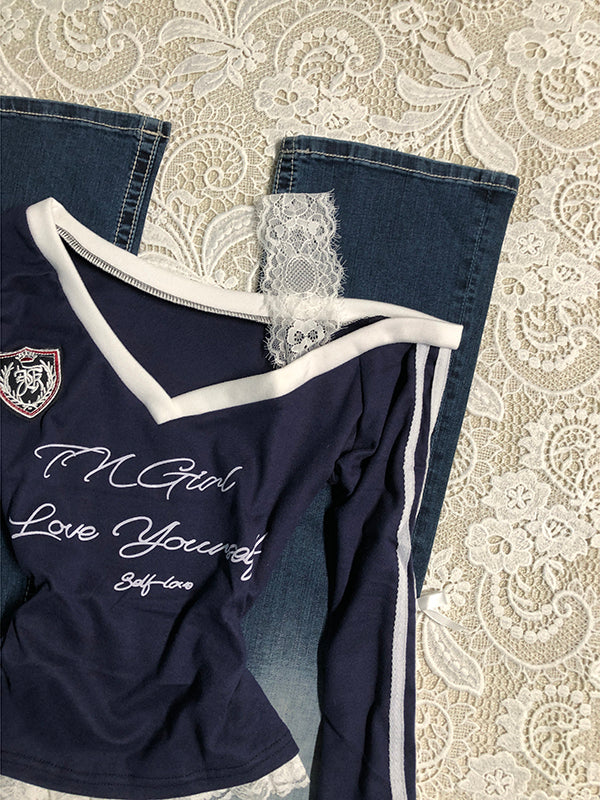 blue V-neck lace splicing long-sleeved Top