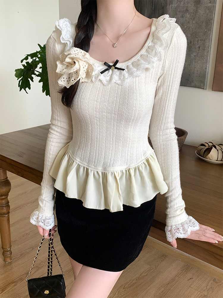 French Lace Dark Coquette Long-sleeved Top