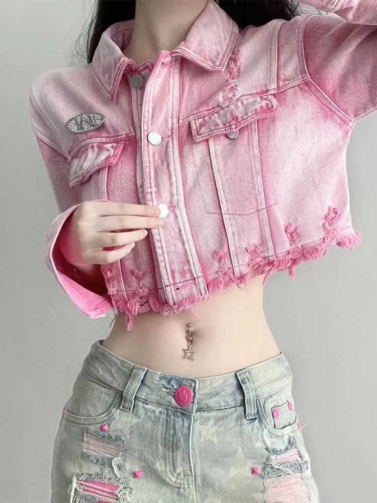 Y2K Pink Ripped Denim Crop Jacket