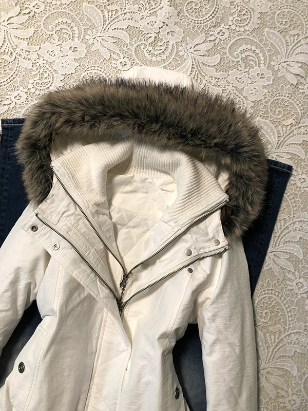 retro white quilted fur collar hooded cotton coat