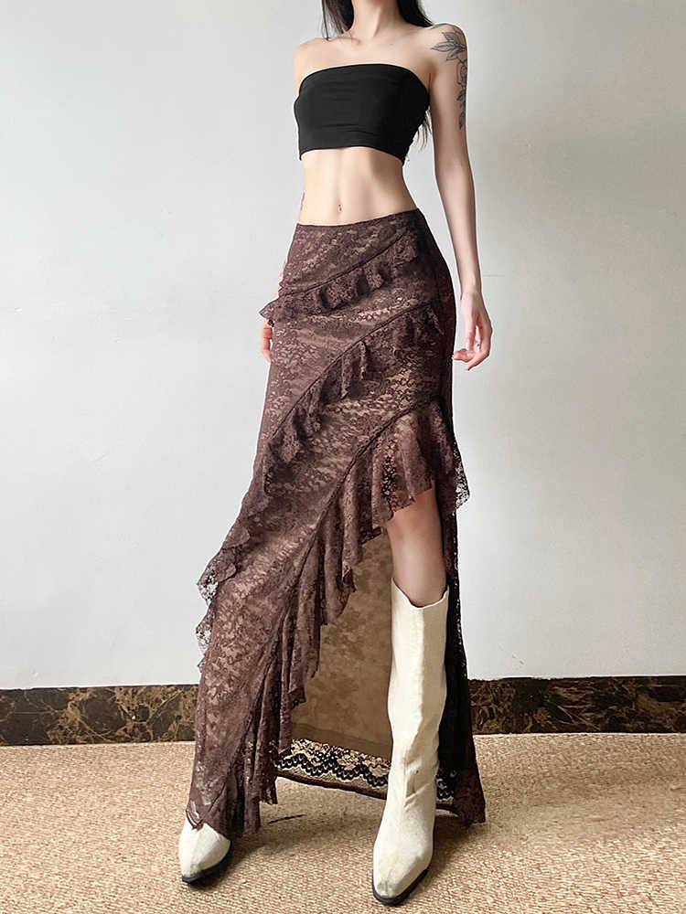 Fairy Grunge Brown Lace Split Skirt