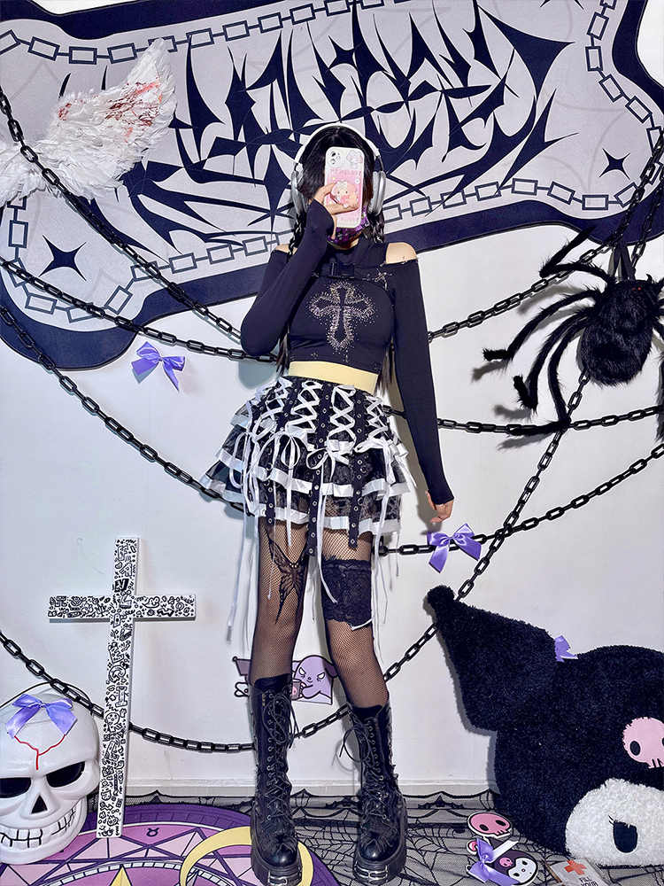 Punk Ribbon Lace Stitching Cake Skirt