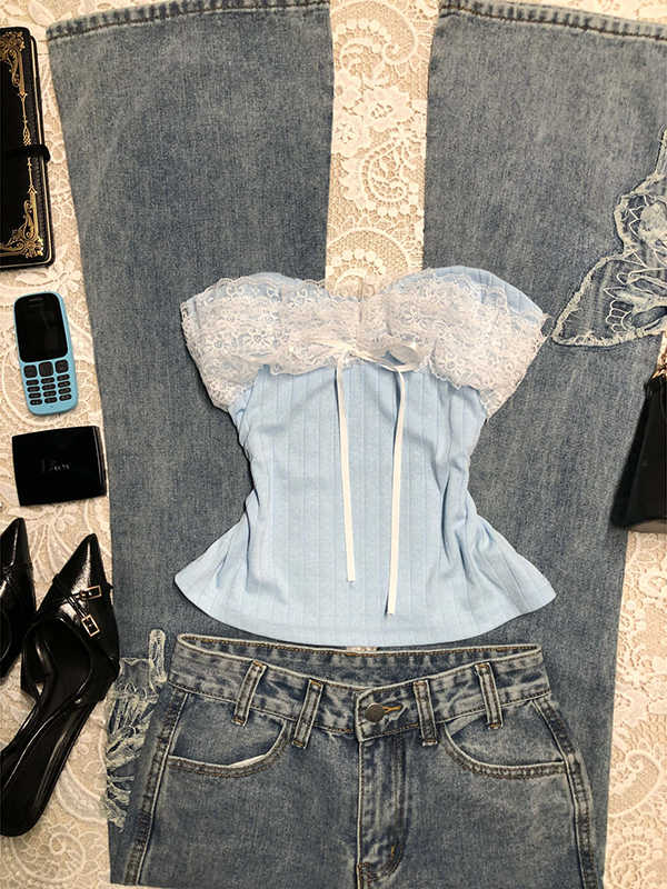 Blue Lace Spliced Knitted Tube Top