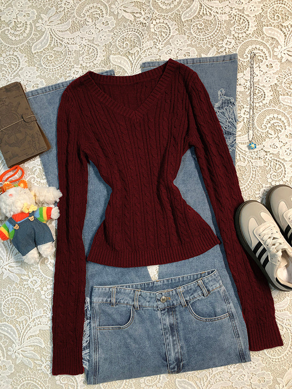 blue long-sleeved v-neck twist sweater