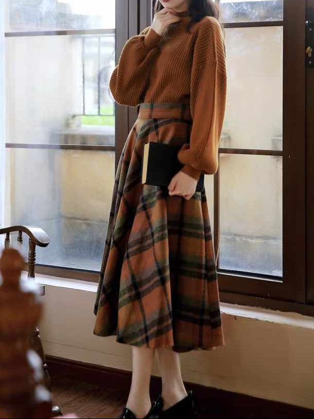 Preppy Plaid Woolen Sweater + Skirt