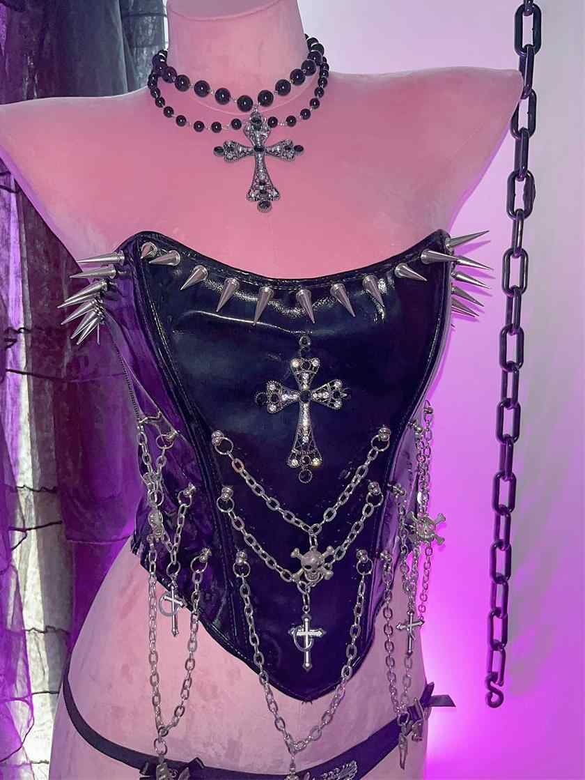 Goth Punk Skull Leather Cross Tube Top