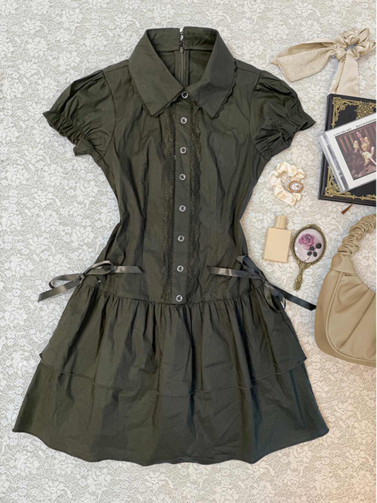Olive Green Shirt Short-sleeved Dress