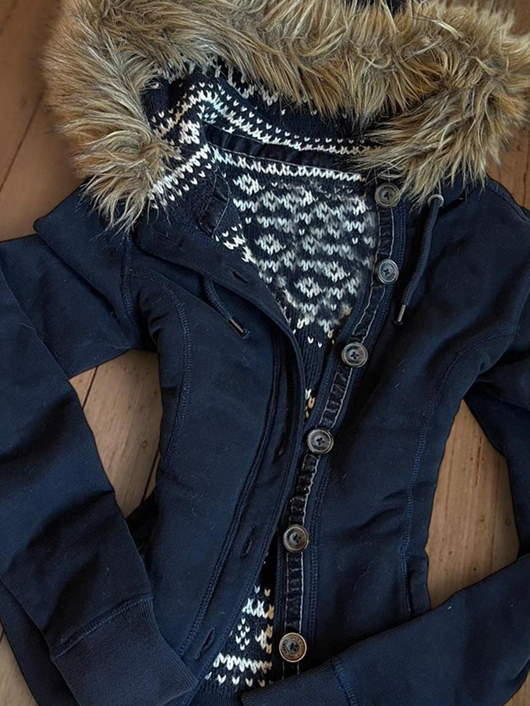 retro navy fur collar hooded jacket