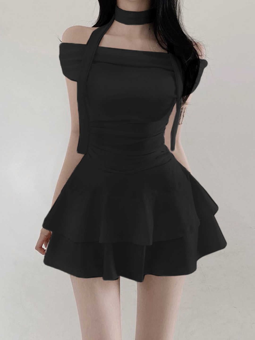 Off-shoulder Pleated Waist Dress