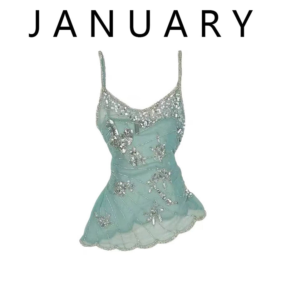 Mermaid-inspired dreamy irregular sequined mesh camisole top