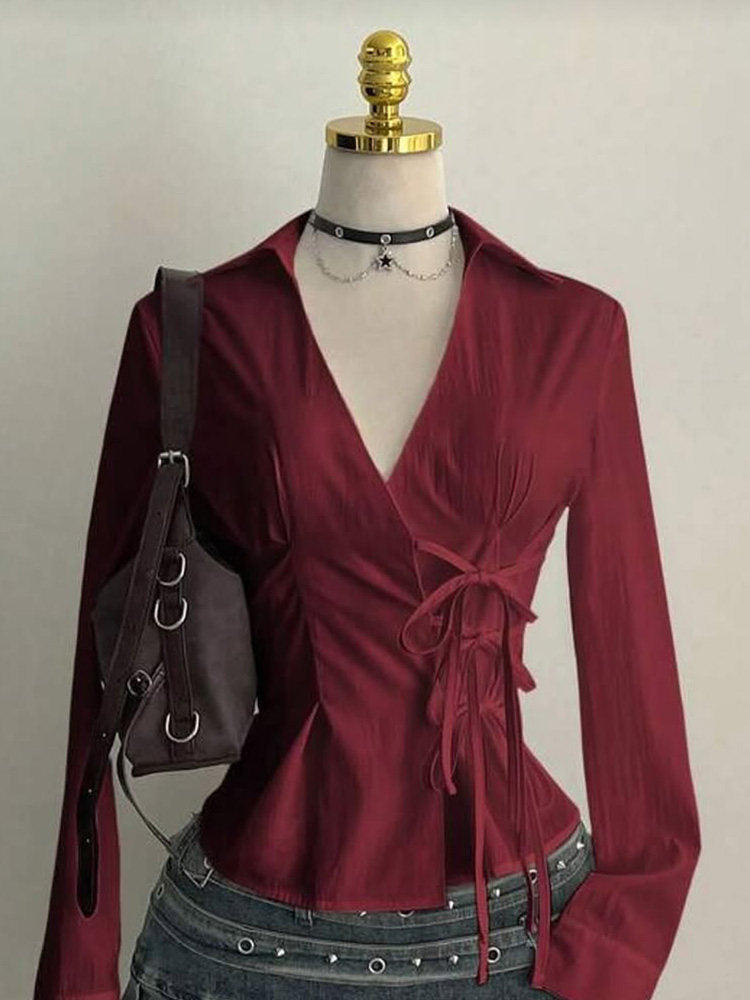 burgundy long-sleeved top