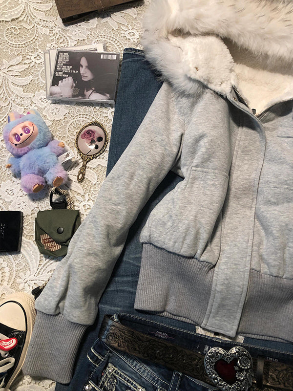 retro fur hooded slim sweatshirt