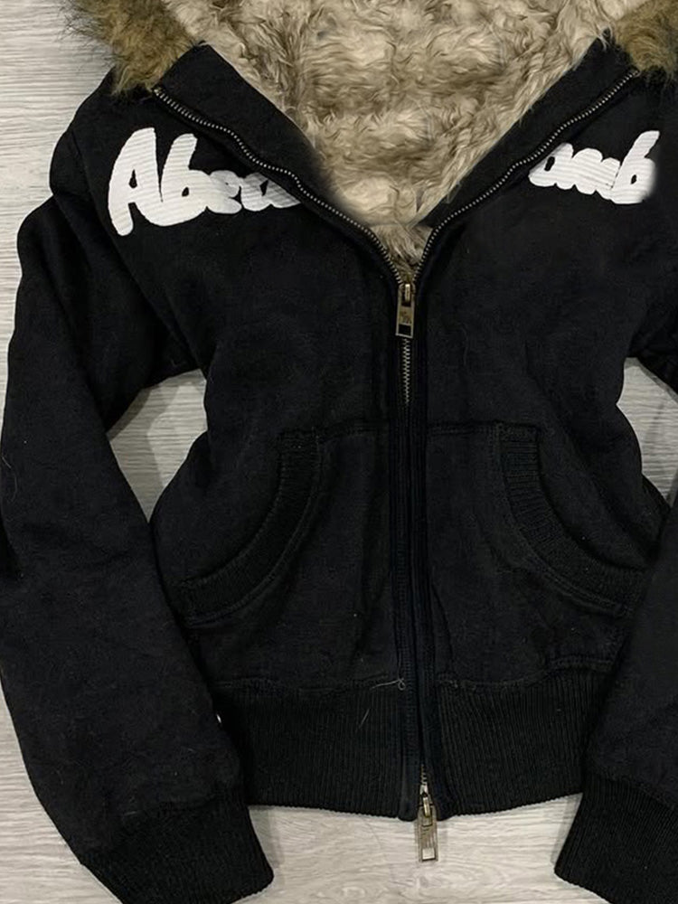 retro black fur collar hooded jacket