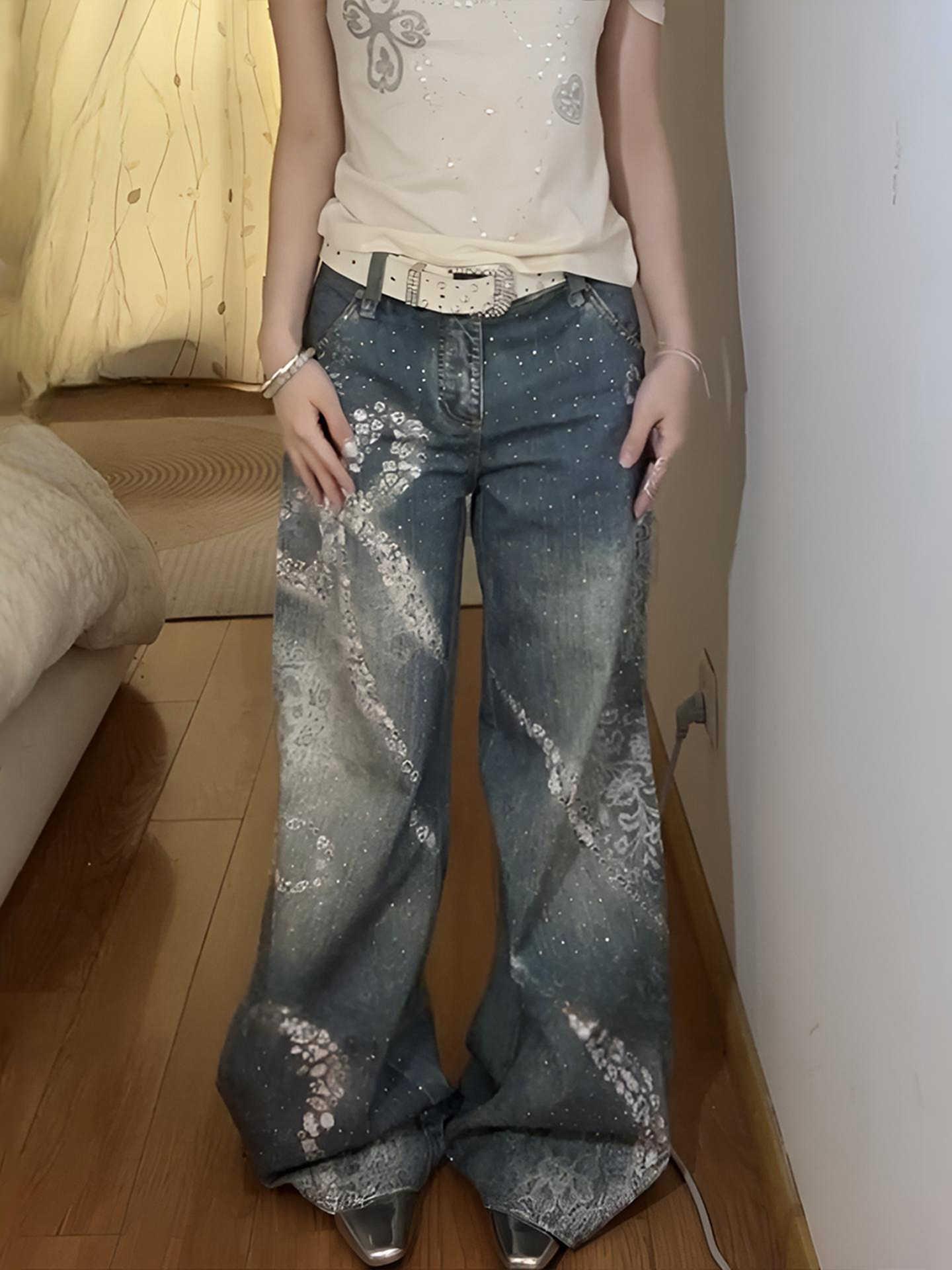 Butterfly Print Wide Legs Jeans