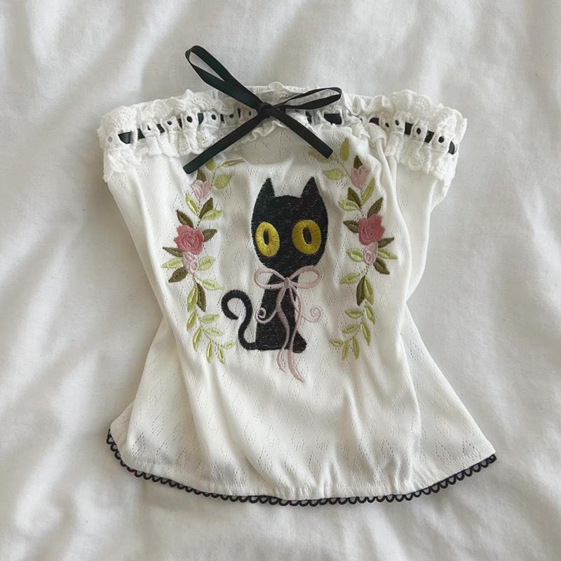 Black Cat Printed Crop Top