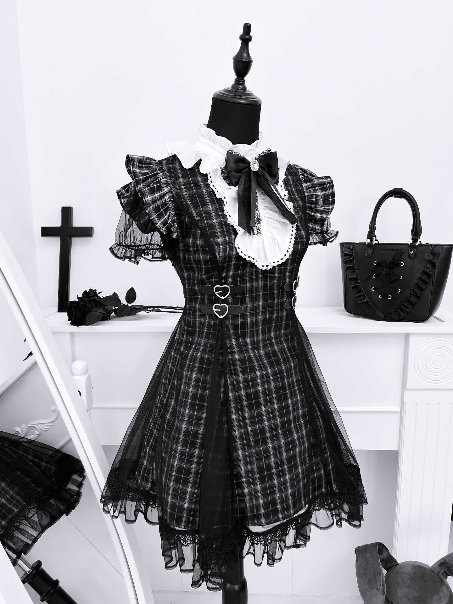 Dark Coquette Lace Plaid Dress