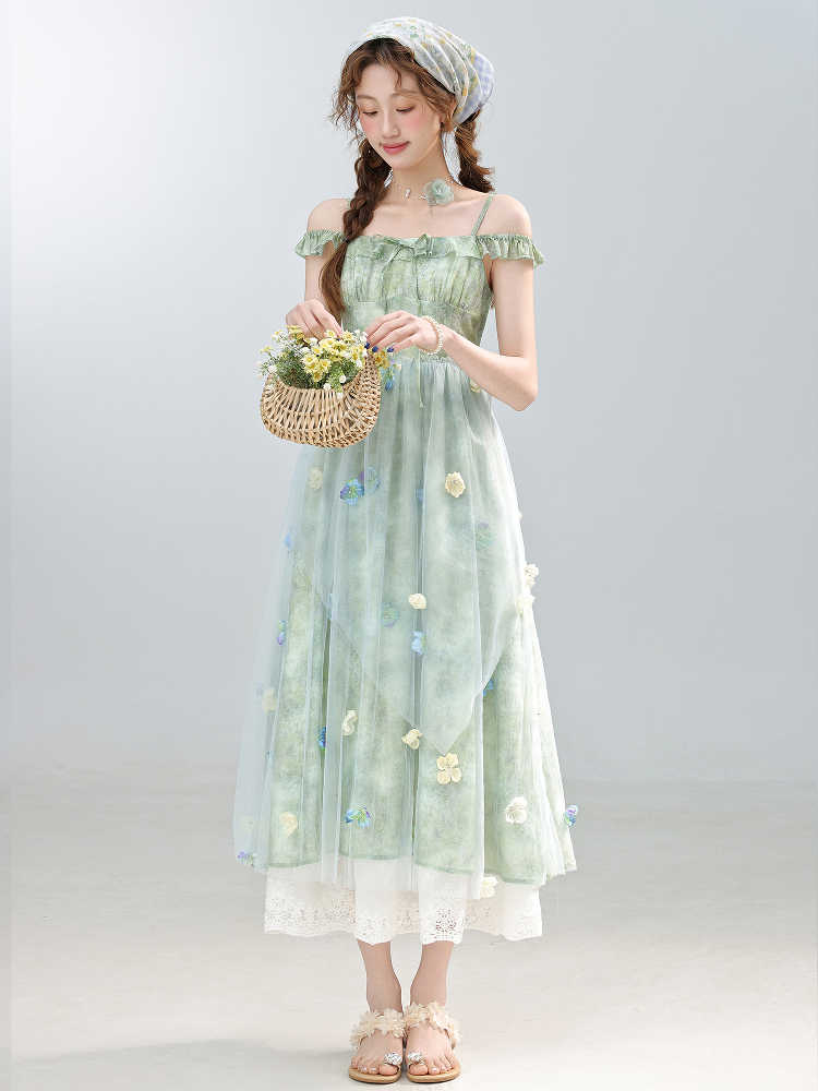Green Field Flower Suspender Dress
