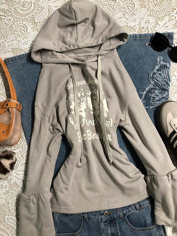 gray letter print hooded sweatshirt