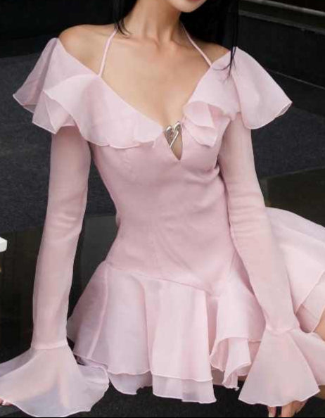 Ruffled Off-shoulder Long-sleeved Coquette Dress