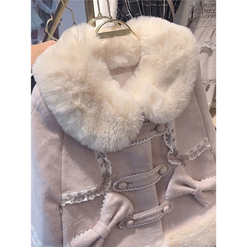 Retro lace bow woolen coat