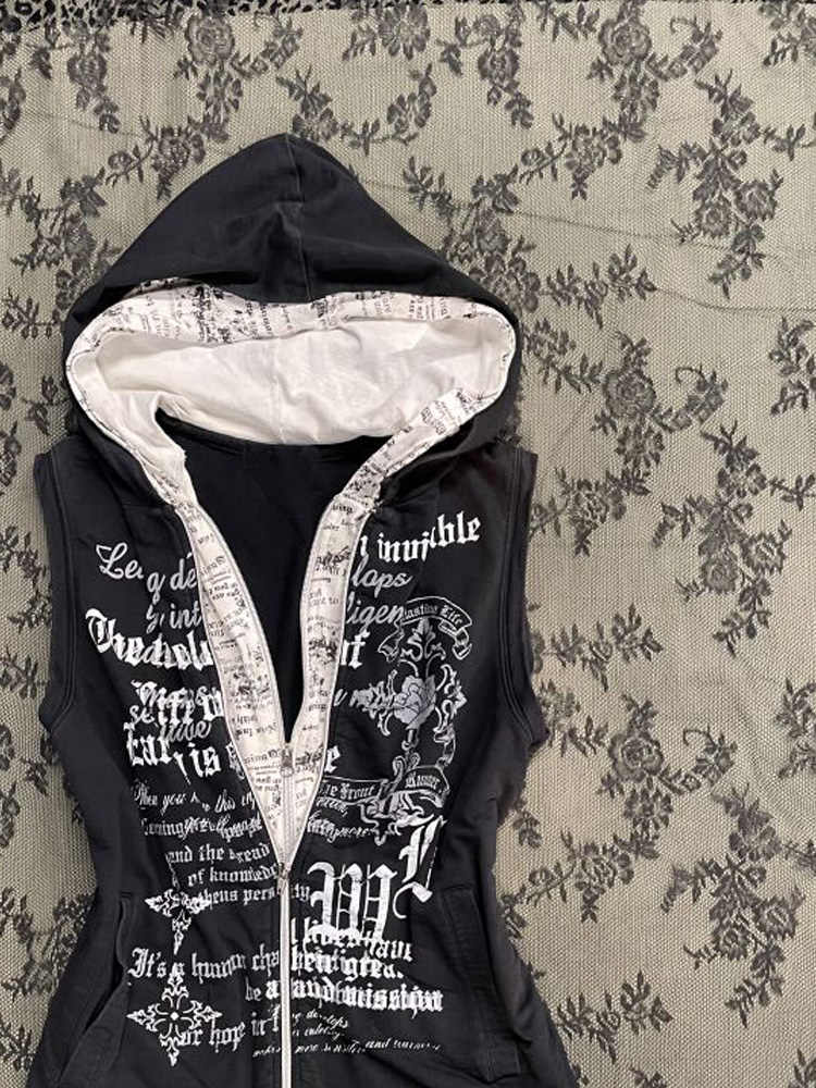 Retro Black Printed Hooded Top