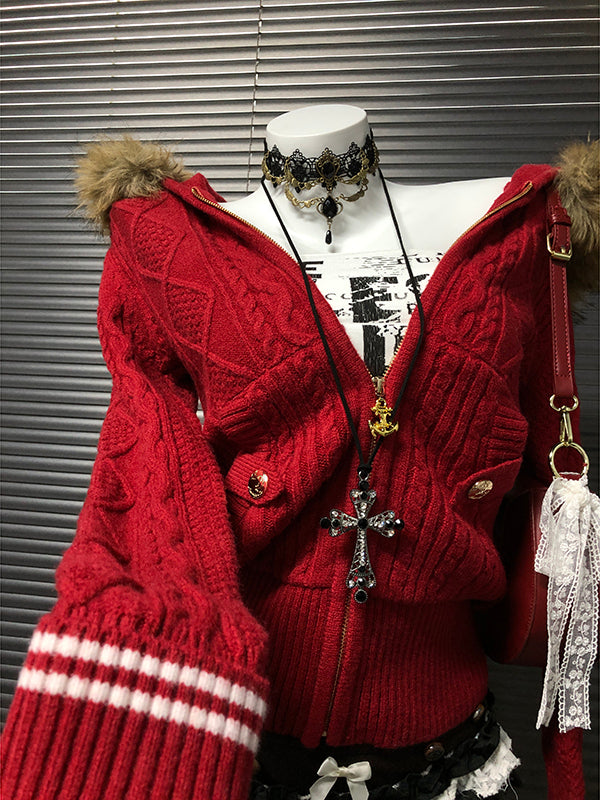red hooded sweater jacket