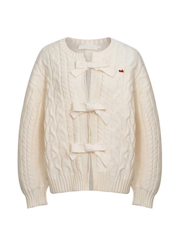 Bow Cable Red Coquette Knit Cardigan
