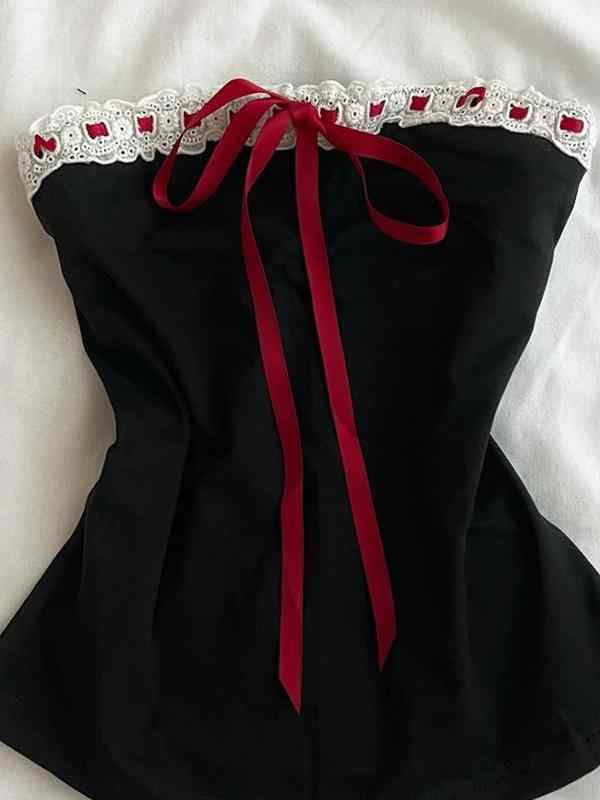 Dark Coquette Red Bow Crop Top