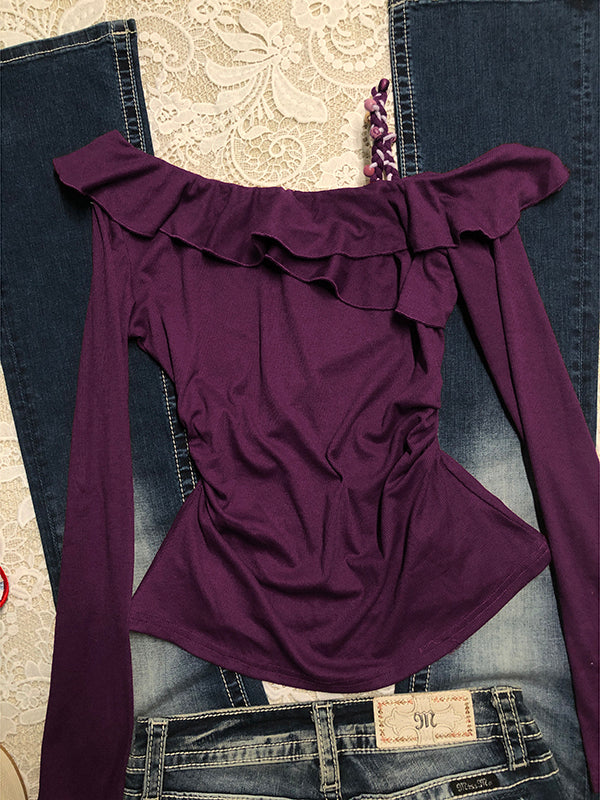 purple off-shoulder pleated long-sleeved Top