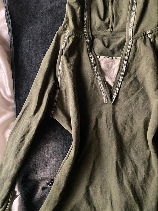 green fake two-piece hoodie long-sleeved Top