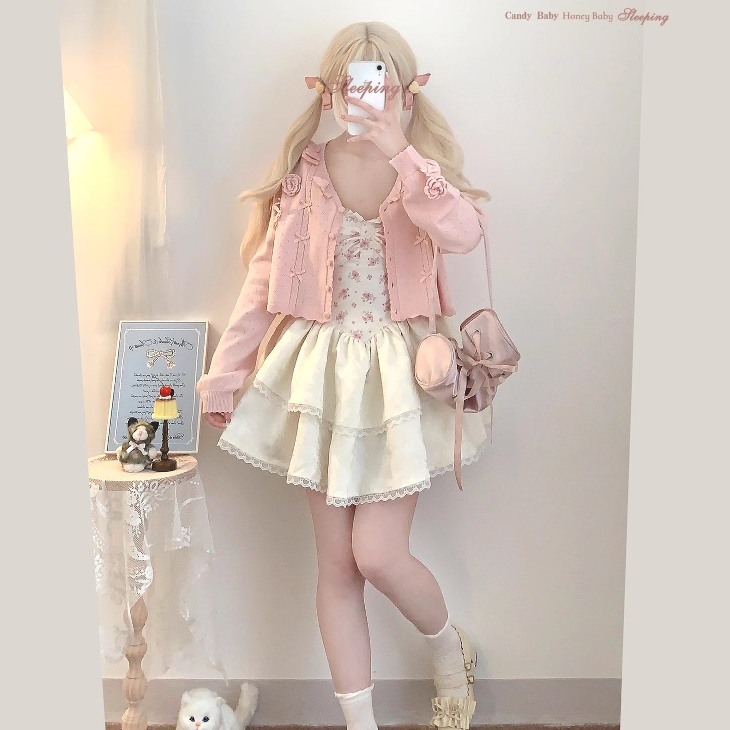 bow rose twist hollow knitted cardigan