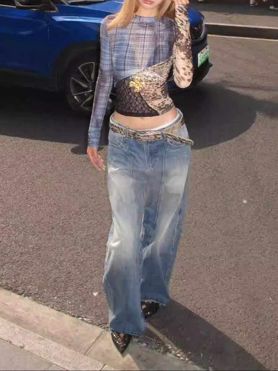 Y2K Retro Plaid Stitching Mesh Long-sleeved Top