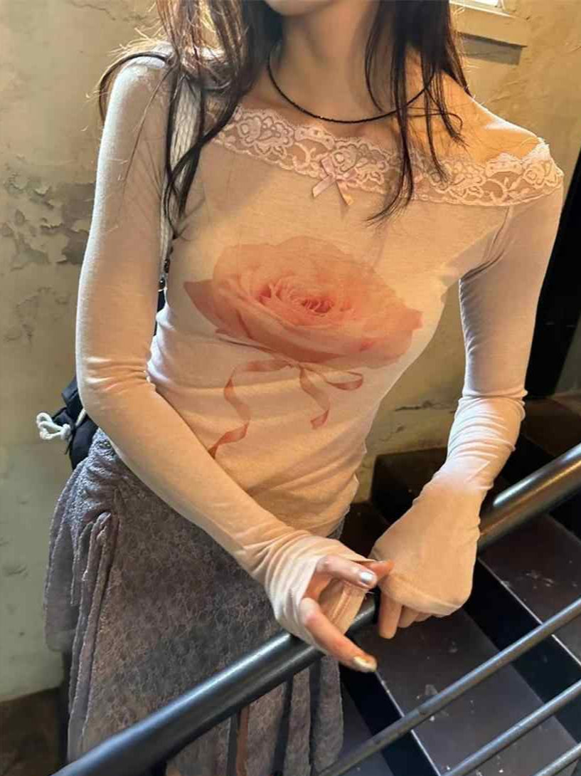 Coquette Rose Lace Long-sleeved Top