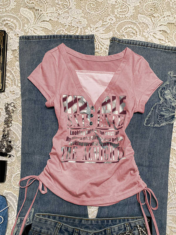 Lace Edge Letter Retro T-shirt