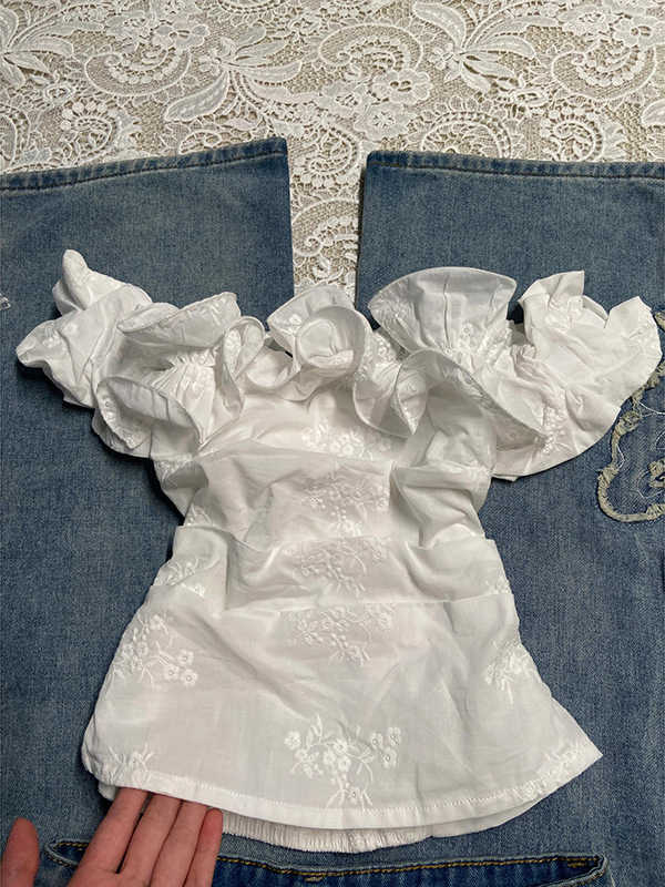 White Embroidered Ruffled Shirt