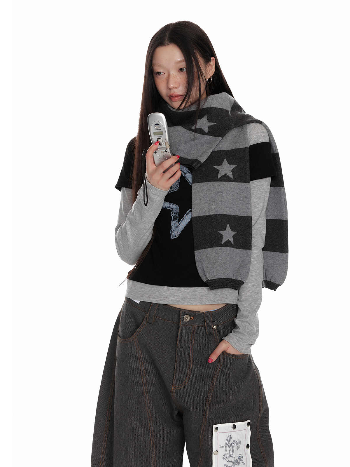 Y2K Grunge Stars Striped Knit Cardigan