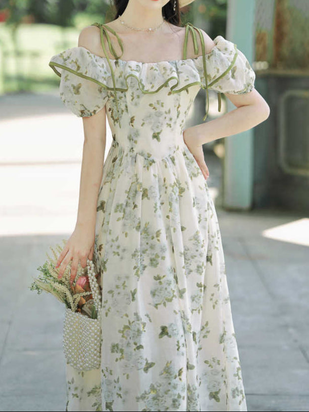 Tea Break Ruffled Shoulder Green Floral Dress