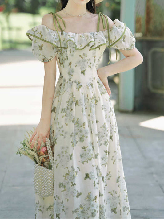 Tea Break Ruffled Shoulder Green Floral Dress
