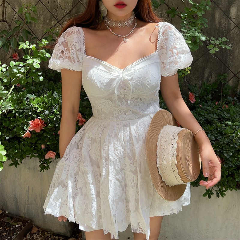 Lace Puff Sleeve Holiday Dress