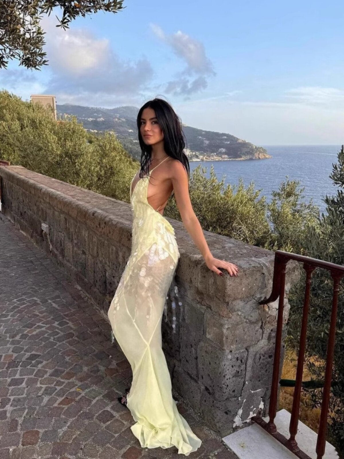 Yellow V-Neck Backless Sequin Maxi Dress