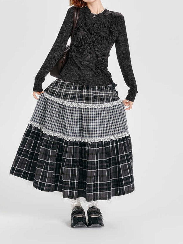 Fairy Grunge Plaid Lace Spliced Skirt