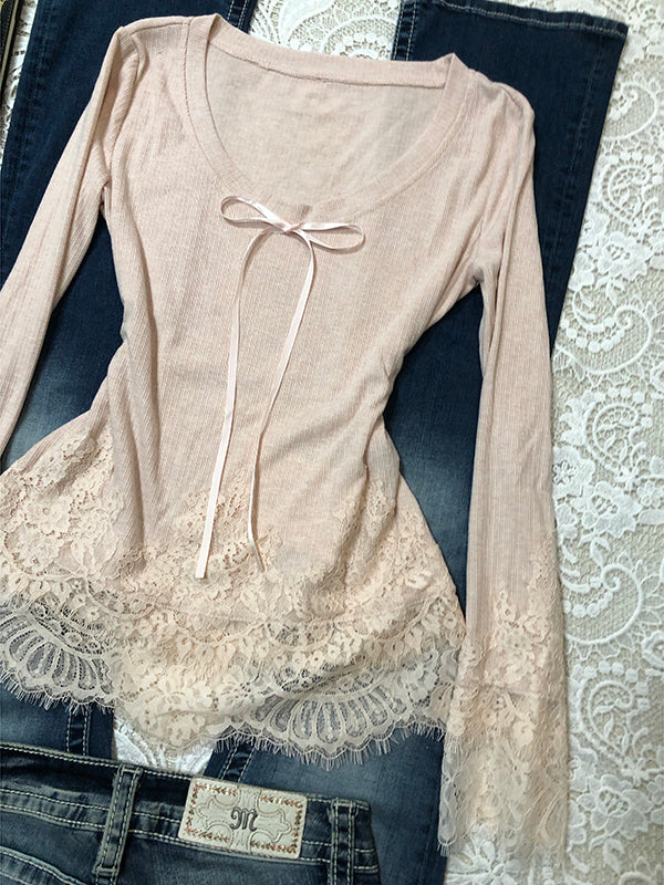 retro pink lace chiffon long-sleeved top