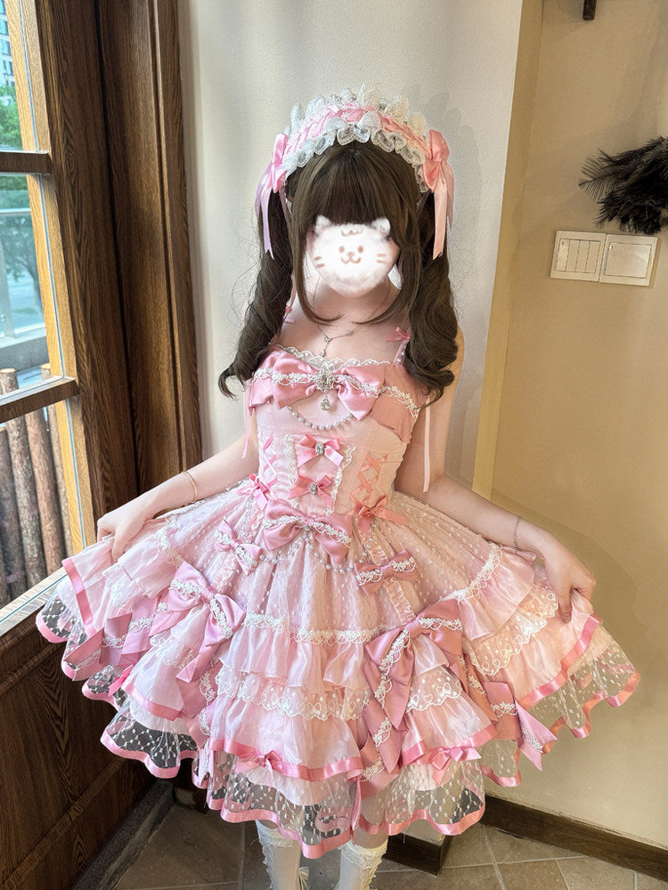 balletcore pink bow lace lolita dress
