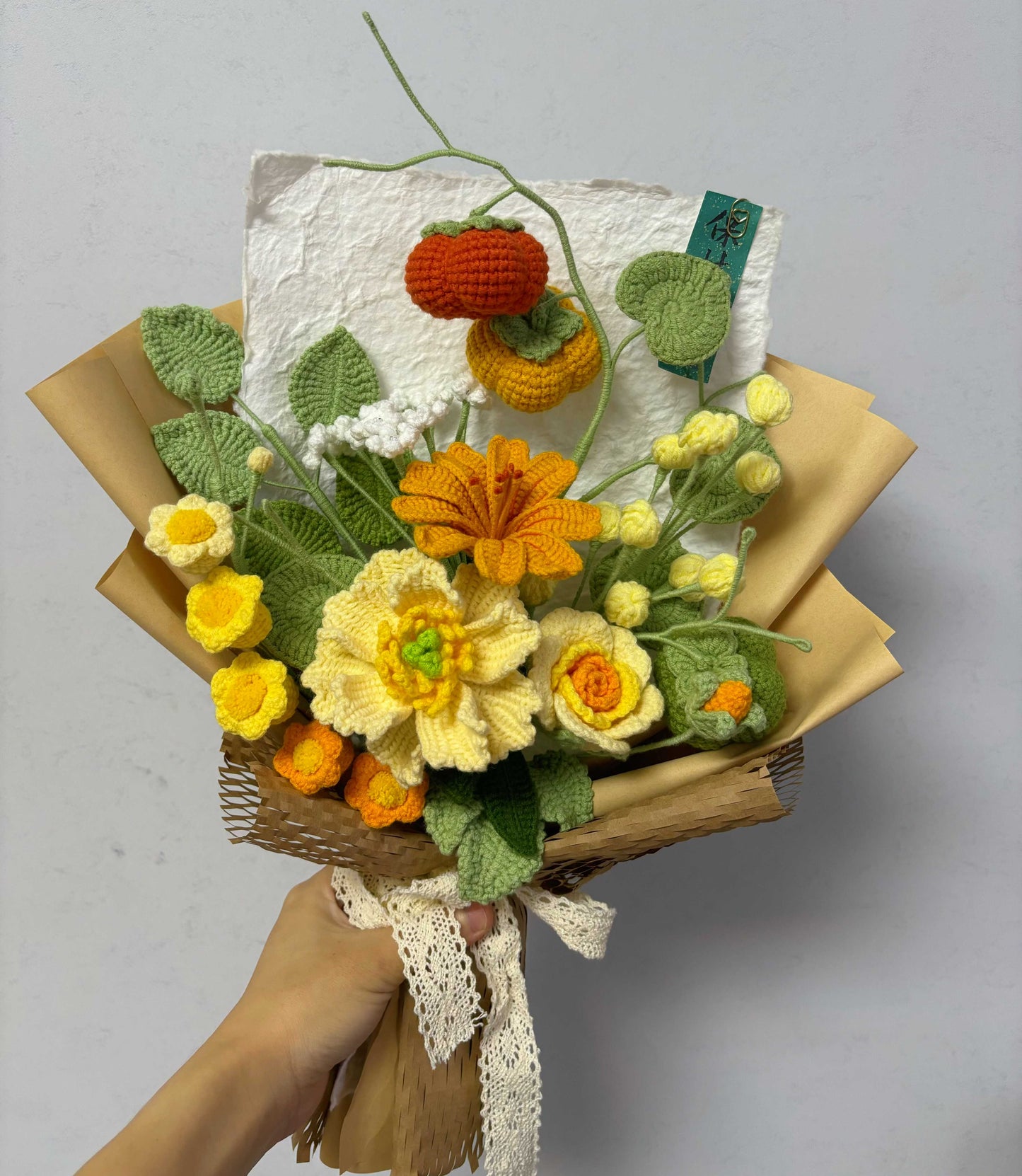 Finished hand-knitted wool crochet bouquet