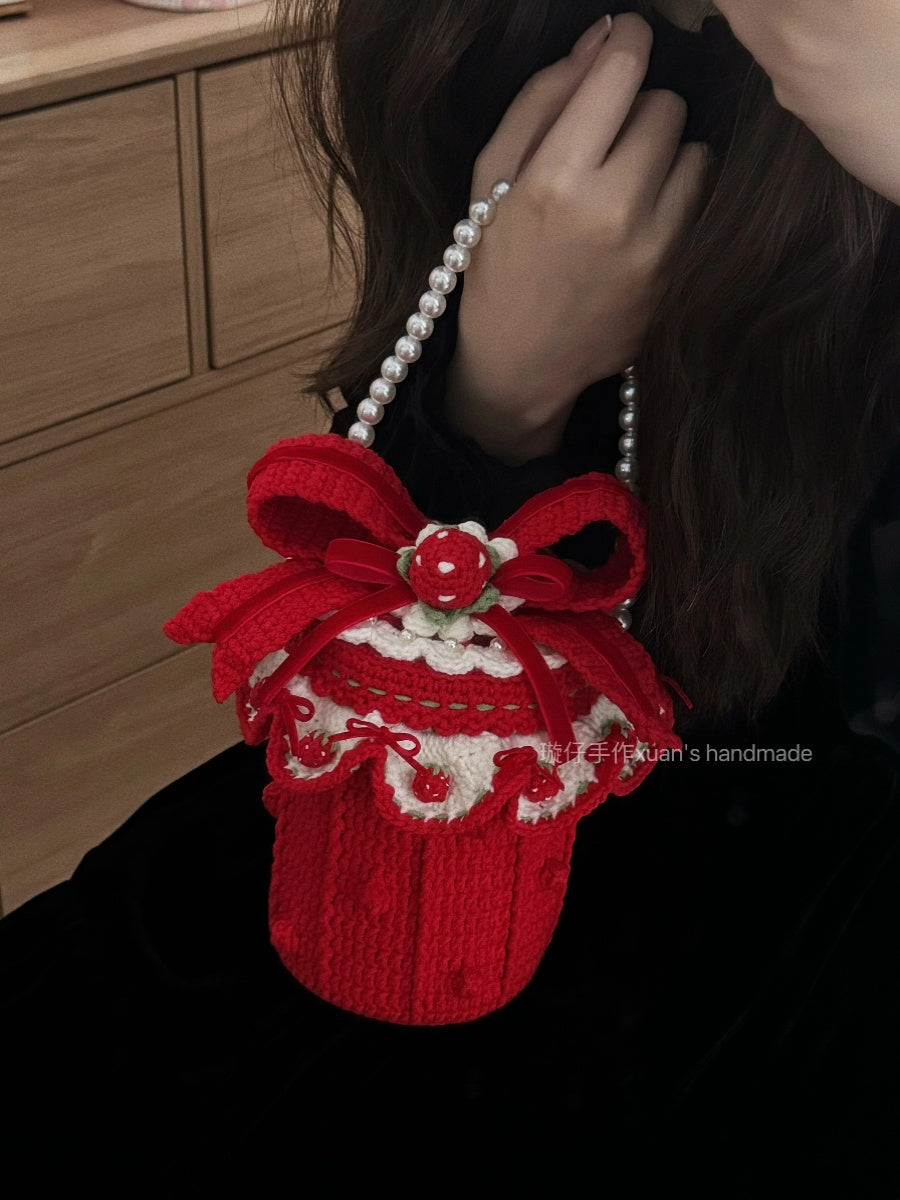 diy crochet Red velvet bow bucket bag