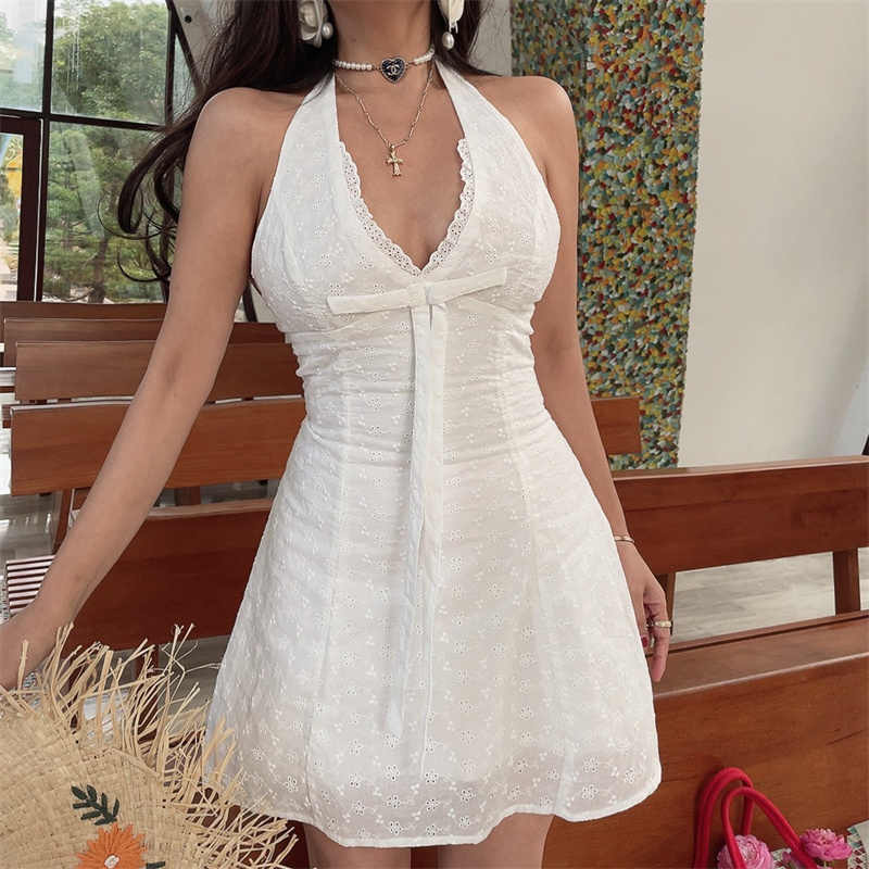 V-neck Bow Embroidered Cotton Dress