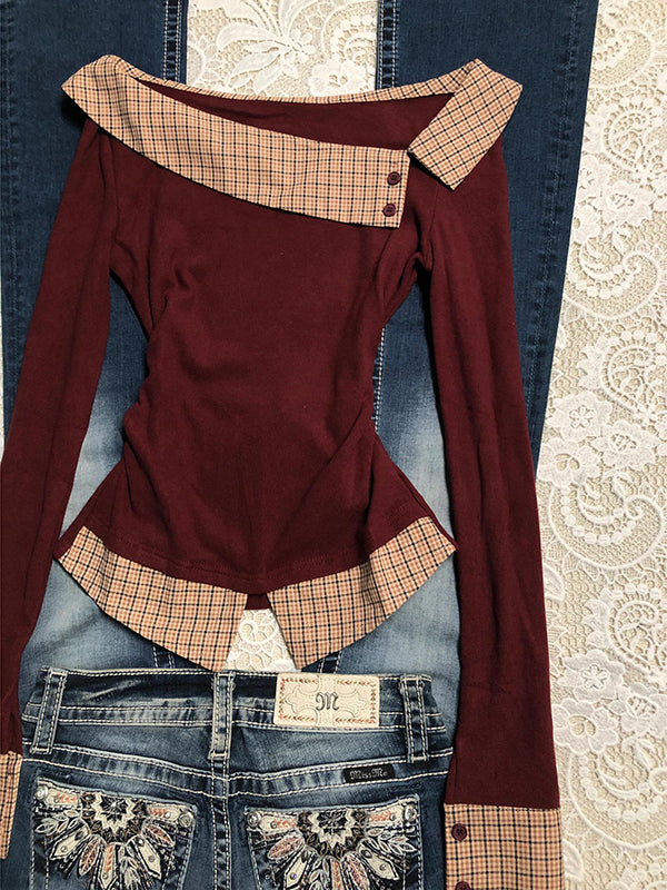 red slim fit one-line collar plaid long-sleeved top
