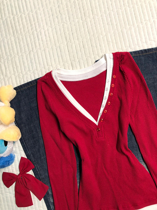 red v-neck fake two-piece sweater