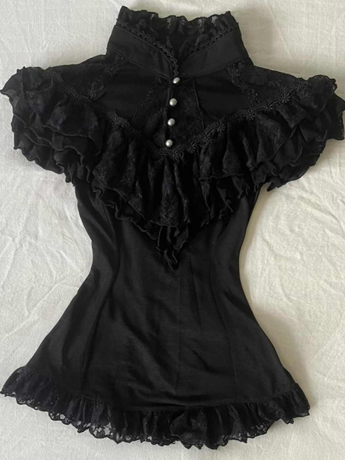 Black Lace Stand-up Collar Shirt